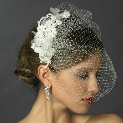 White Birdcage Veil with Crystal and Lace Fascinator White Birdcage Veil with Crystal and Lace Fascinator