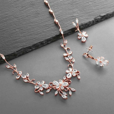 Rose Gold Floral Vine CZ Wedding Jewelry Set