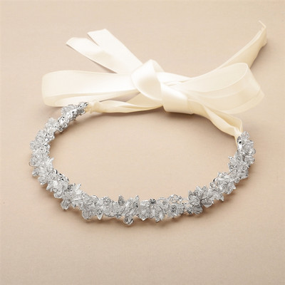 Slender Crystal Cluster Ribbon Wedding Headband