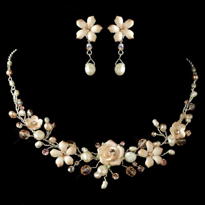 Pink Porcelain, Crystal and Pearl Floral Wedding Jewelry Set Pink Porcelain, Crystal and Pearl Floral Wedding Jewelry Set