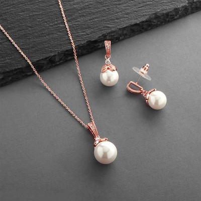Rose Gold Pearl and CZ Bridal and Bridesmaid Jewelry 3045S-RG