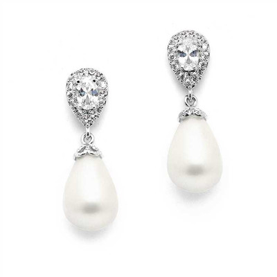 CZ and Pearl Drop Wedding Earrings in Pierced or Clip On