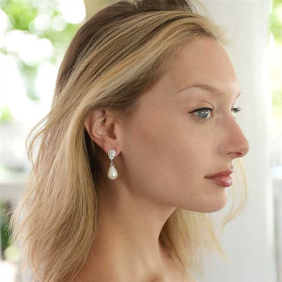 CZ and Soft Cream Pearl Drop Wedding Earrings in Pierced or Clip On CZ and Soft Cream Pearl Drop Wedding Earrings in Pierced or Clip On