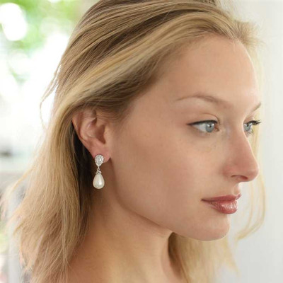 CZ and Soft Cream Pearl Drop Wedding Earrings in Pierced or Clip On CZ and Soft Cream Pearl Drop Wedding Earrings in Pierced or Clip On