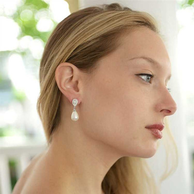 CZ and Soft Cream Pearl Drop Wedding Earrings in Pierced or Clip On CZ and Soft Cream Pearl Drop Wedding Earrings in Pierced or Clip On