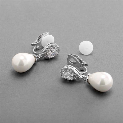 CZ and Soft Cream Pearl Drop Wedding Earrings in Pierced or Clip On CZ and Soft Cream Pearl Drop Wedding Earrings in Pierced or Clip On