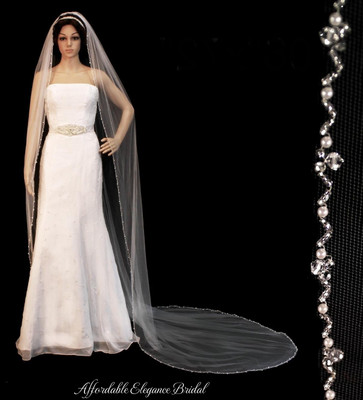 Pearl and Crystal Beaded Cathedral Length Wedding Veil V3072C