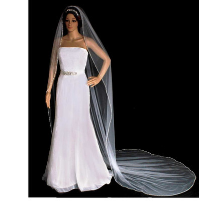 120" Long Royal Cathedral Wedding Veil: Silver Bugle Bead Edge