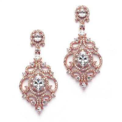 Rose Gold Victorian Scrolls CZ Wedding Earrings