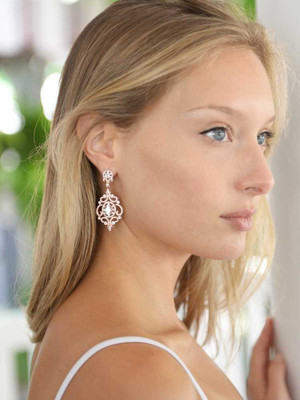 Rose Gold Victorian Scrolls CZ Wedding Earrings Clip On