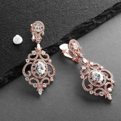 Rose Gold Victorian Scrolls CZ Wedding Earrings Clip On