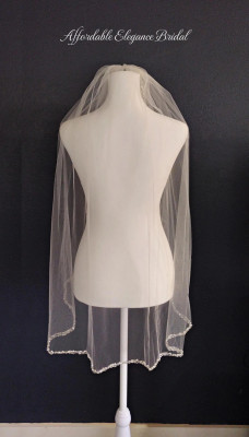 Fingertip Length Beaded Pearl and Sequin Edge Wedding Veil  Fingertip Length Beaded Pearl and Sequin Edge Wedding Veil