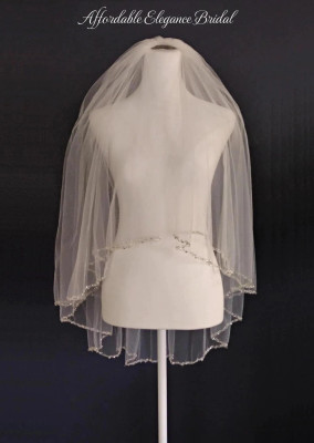  Two Layer Beaded Pearl  Fingertip Wedding Veil
