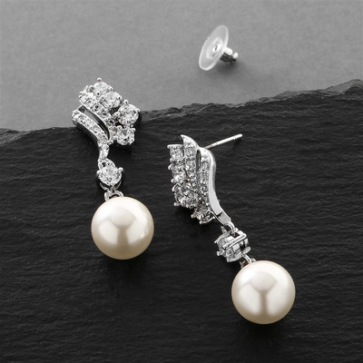 CZ and Soft Cream Pearl Bridal Earrings - Pierced or Clip On