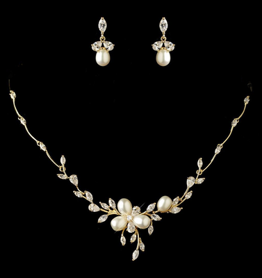Gold Freshwater Pearl and CZ Wedding Jewelry Set with Bracelet Gold Freshwater Pearl and CZ Wedding Jewelry Set with Bracelet