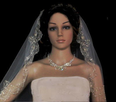 Extra Wide Beaded Silver Embroidery Cathedral Wedding Veil Extra Wide Beaded Silver Embroidery Cathedral Wedding Veil