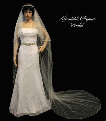 Two Layer Pearl and Crystal Beaded Cathedral Wedding Veil
