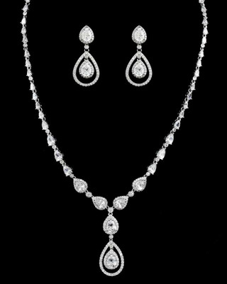 Stunning Teardrop CZ Crystal Bridal Necklace and Earring Jewelry Set