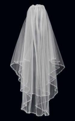 Two Layer Fingertip Length Beaded Pearl and Sequin Wedding Veil