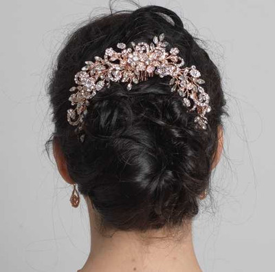 Rose Gold Floral Vine Rhinestone Wedding Hair Comb