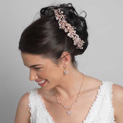 Rose Gold Floral Vine Rhinestone Wedding Hair Comb 