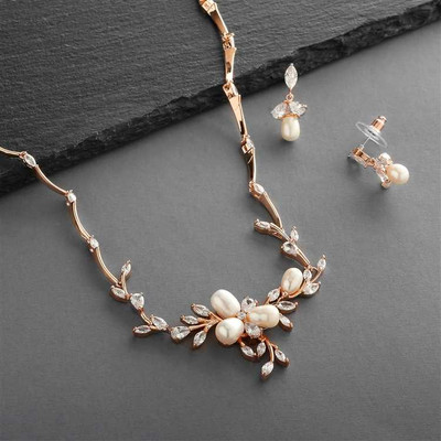 14K Rose Gold Freshwater Pearl and CZ Wedding Jewelry Set