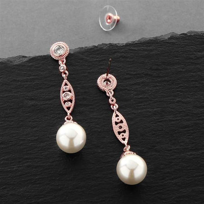 Rose Gold CZ Wedding Earrings with Bold Cream Pearl 3625ERG