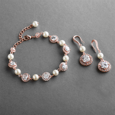 Rose Gold Pearl and CZ Wedding Bracelet and Earring Set 