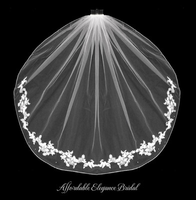 Partial Lace Edge Fingertip Wedding Veil with Pearls Partial Lace Edge Fingertip Wedding Veil with Pearls