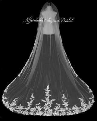 Royal Cathedral Wedding Veil with Beaded Two Tone Alencon Lace