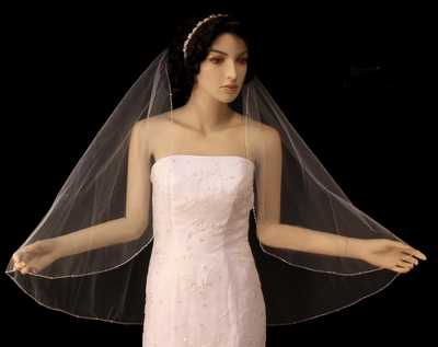 Crystal Clear Beaded Fingertip Length Wedding Veil V3098