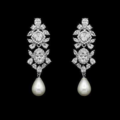 Pearl and CZ Drop Wedding Earrings in Silver or Gold
