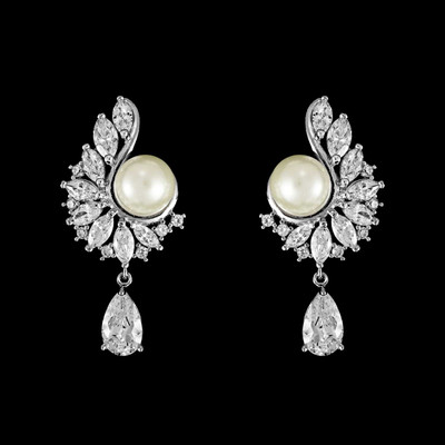 Pearl and CZ Swirl Drop Wedding Earrings in Silver Plating