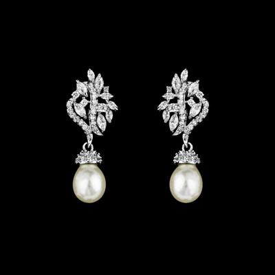 Pearl and CZ Silver Plated Pierced Wedding Earrings Pearl and CZ Silver Plated Pierced Wedding Earrings