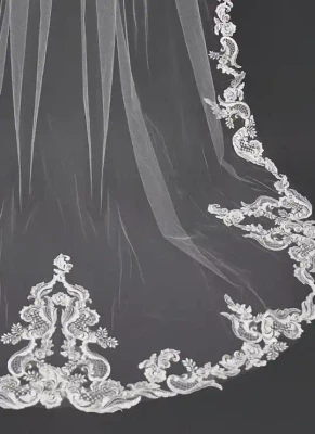 Beaded French Alencon Lace Royal Cathedral Wedding Veil Extra Width