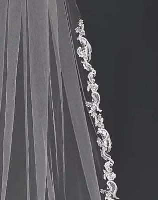 Beaded French Alencon Lace Royal Cathedral Wedding Veil Extra Width