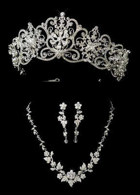 Silver Plated Royal Wedding Tiara with Floral Jewelry Set
