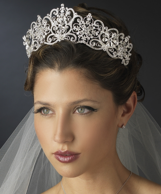 Silver Plated Royal Wedding Tiara with Floral Jewelry Set