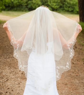 Two Layer Knee Length Wedding Veil with Beaded Floral Embroidery