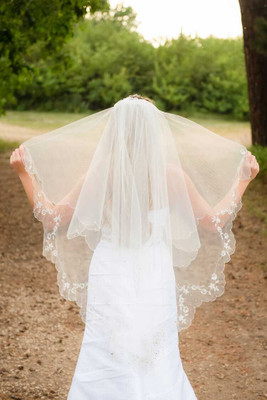 Two Layer Knee Length Wedding Veil with Beaded Floral Embroidery