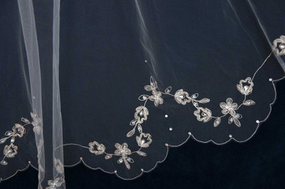 Two Layer Knee Length Wedding Veil with Beaded Floral Embroidery
