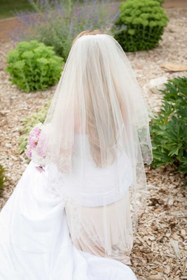 Two Layer Knee Length Wedding Veil with Beaded Floral Embroidery