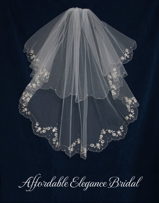 Two Layer Knee Length Wedding Veil with Beaded Floral Embroidery
