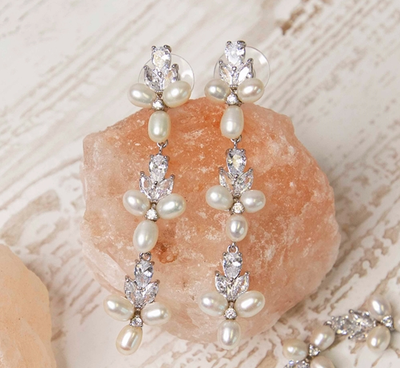 Freshwater Pearl and CZ Linear Bridal Earrings in Silver