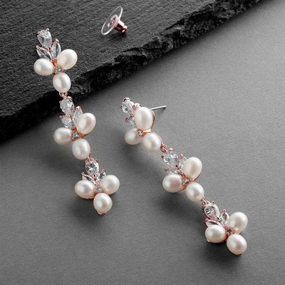 Freshwater Pearl and CZ Linear Bridal Earrings 14K Rose Gold
