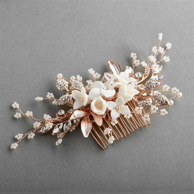 Rose Gold Floral Pearl and Crystal Wedding Comb Rose Gold Floral Pearl and Crystal Wedding Comb