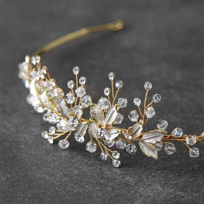 Gold Leaf Wedding Tiara with Crystals and Rhinestones