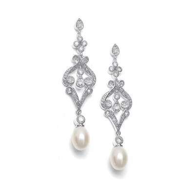 Vintage CZ Scroll Bridal Earrings with Freshwater Pearl Drop Vintage CZ Scroll Bridal Earrings with Freshwater Pearl Drop
