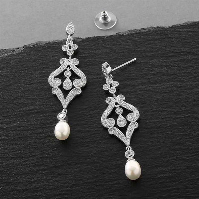 Vintage CZ Scroll Bridal Earrings with Freshwater Pearl Drop Vintage CZ Scroll Bridal Earrings with Freshwater Pearl Drop