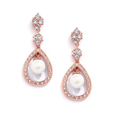 Rose Gold Pearl and CZ Wedding Earrings - clip on style 